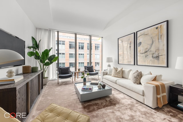 living room with carpet floors and expansive windows