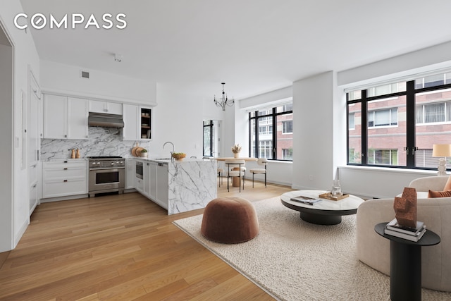 kitchen with tasteful backsplash, light hardwood / wood-style floors, stainless steel appliances, white cabinets, and an inviting chandelier