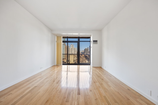 spare room featuring expansive windows and light hardwood / wood-style flooring