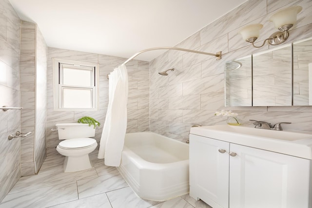 full bathroom featuring vanity, toilet, tile walls, and shower / bathtub combination with curtain