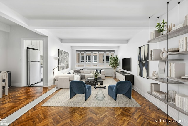 living room featuring dark parquet floors