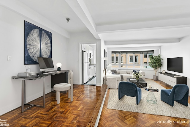 living room featuring dark parquet floors