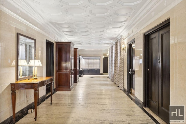 hall featuring light hardwood / wood-style flooring and ornamental molding