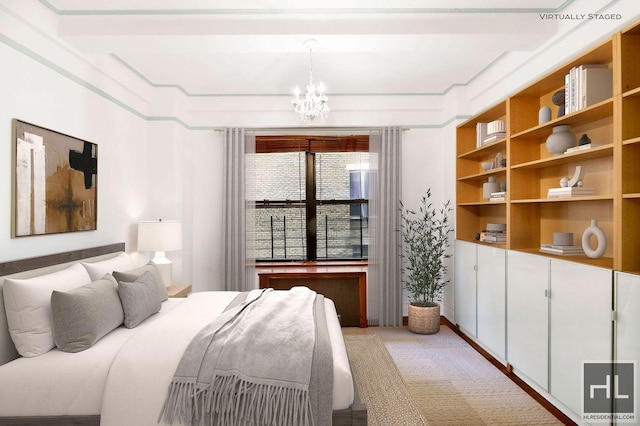 carpeted bedroom with a notable chandelier and radiator heating unit