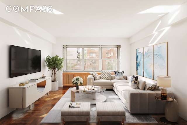 living room with radiator and dark parquet flooring