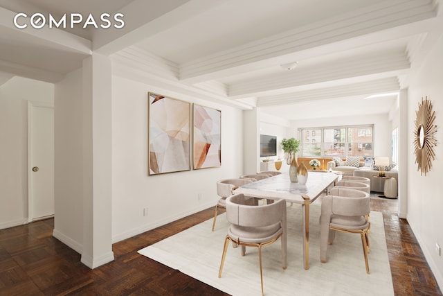 dining space featuring beamed ceiling and dark parquet flooring