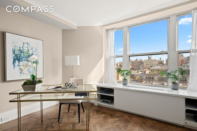 office space with parquet floors and crown molding