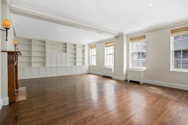 unfurnished living room featuring crown molding, dark wood-type flooring, and built in features