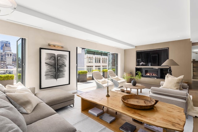 living room with light hardwood / wood-style floors and a healthy amount of sunlight