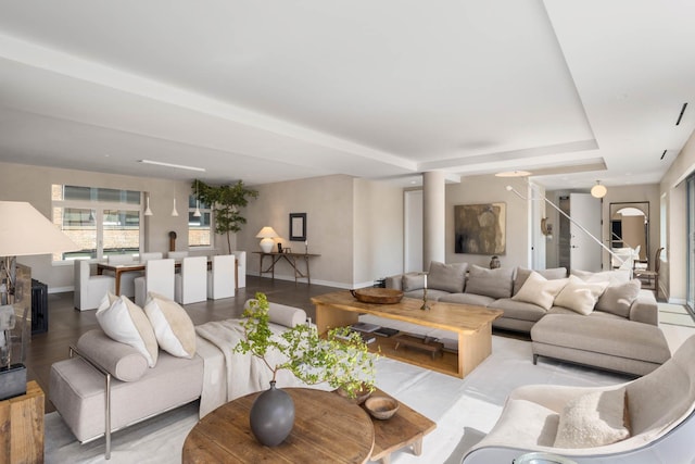 living room featuring a raised ceiling and light hardwood / wood-style flooring