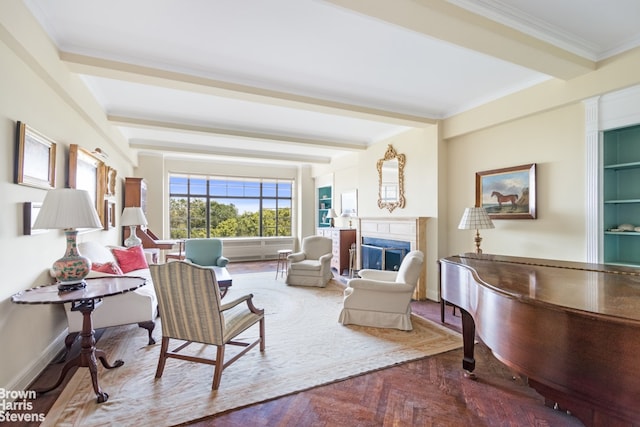 living room with crown molding, beamed ceiling, and dark parquet flooring