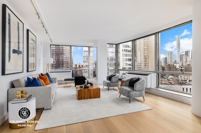 living room featuring light wood-type flooring and floor to ceiling windows