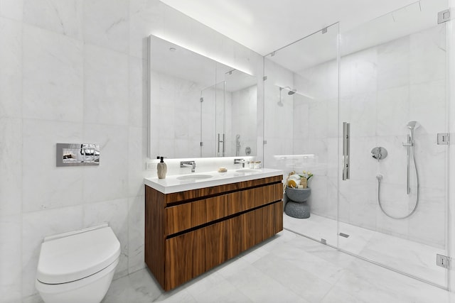 bathroom featuring walk in shower, vanity, tile walls, and toilet