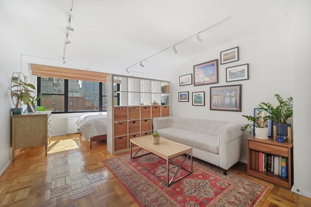 living room featuring rail lighting and parquet floors