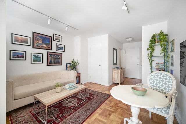 living room with light parquet floors and rail lighting