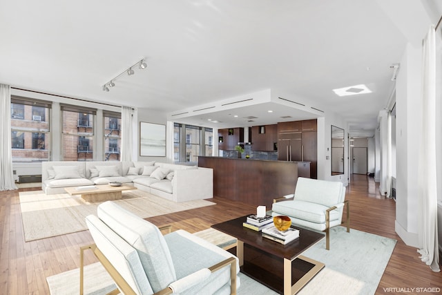 living room with light wood-type flooring and rail lighting