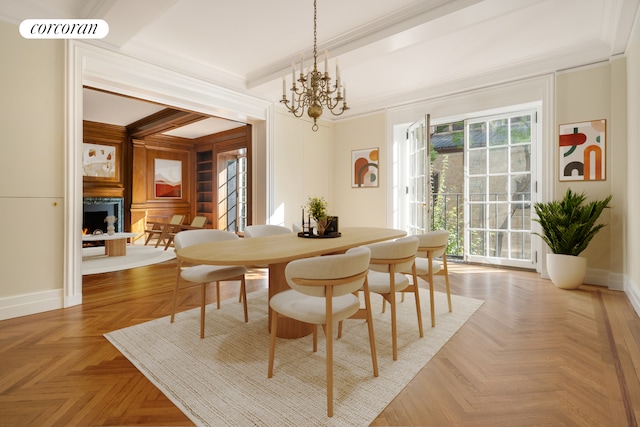 dining space with parquet floors, ornamental molding, beamed ceiling, and a chandelier