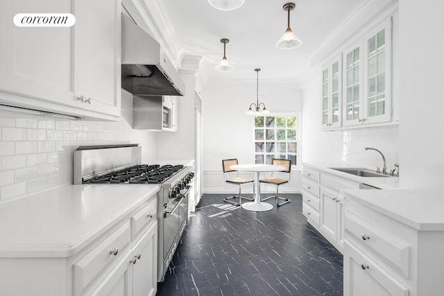 kitchen with stainless steel stove, sink, and white cabinetry