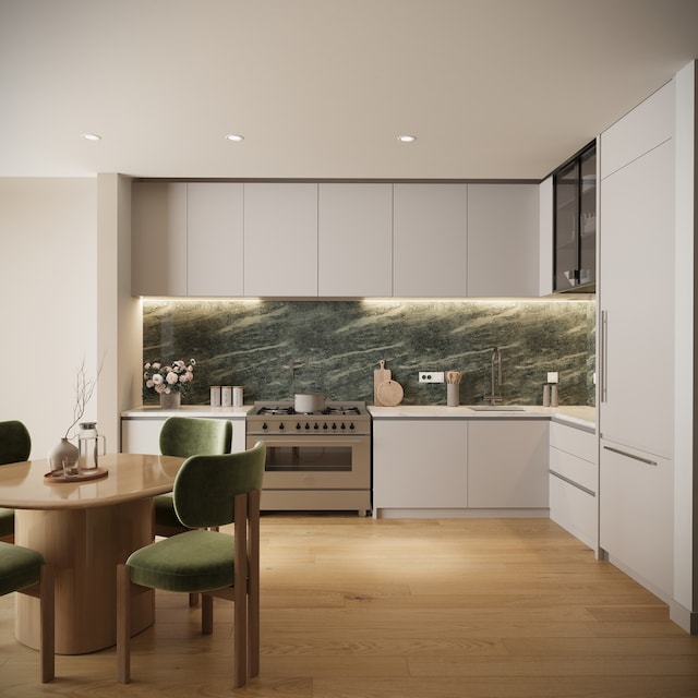 kitchen with sink, white cabinetry, high end stove, light hardwood / wood-style floors, and decorative backsplash