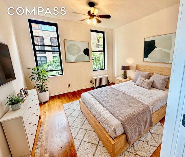 bedroom featuring multiple windows, light hardwood / wood-style floors, ceiling fan, and radiator heating unit