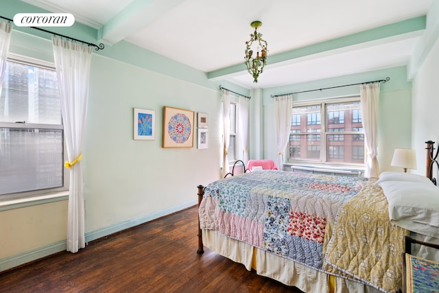 bedroom featuring beamed ceiling and dark wood-type flooring