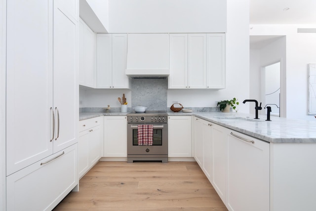 kitchen with sink, kitchen peninsula, light hardwood / wood-style flooring, white cabinetry, and high end stainless steel range oven