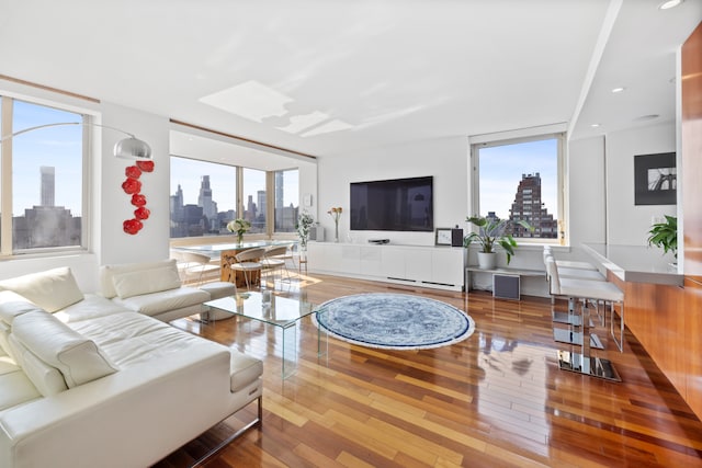 living room with a wealth of natural light, hardwood / wood-style floors, and a wall of windows