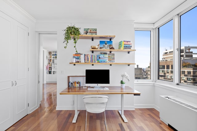 office featuring radiator, built in desk, ornamental molding, and hardwood / wood-style floors