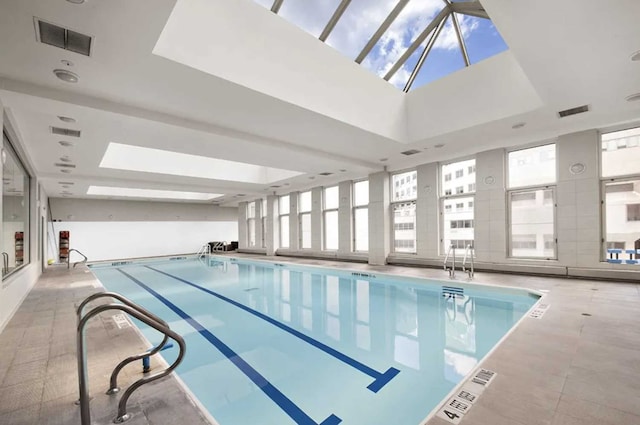 view of swimming pool with a skylight