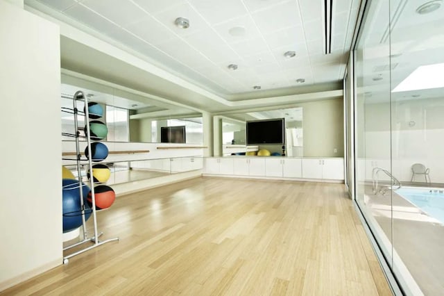 workout area featuring light hardwood / wood-style floors