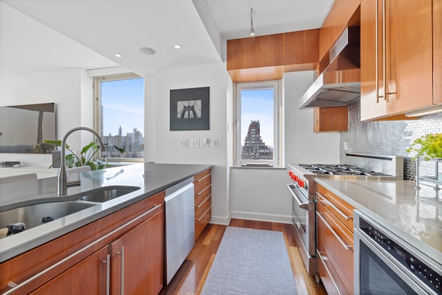 kitchen featuring tasteful backsplash, sink, stainless steel appliances, wall chimney exhaust hood, and light hardwood / wood-style flooring