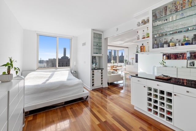 bedroom featuring light hardwood / wood-style floors, multiple windows, and indoor bar