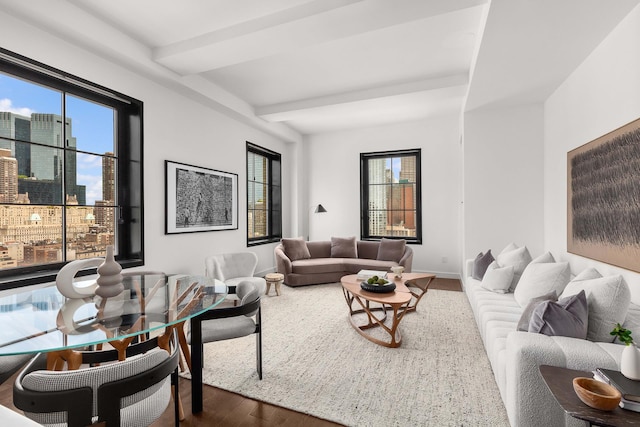 living room featuring beam ceiling, dark hardwood / wood-style flooring, and a wealth of natural light