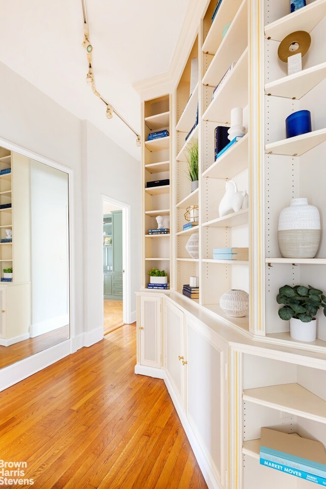 hallway featuring wood-type flooring and track lighting