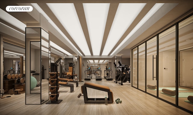 gym with hardwood / wood-style flooring