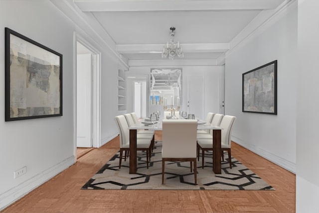 dining room with light wood-type flooring, beam ceiling, and an inviting chandelier