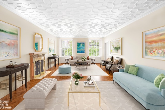 living room with light parquet floors and ornamental molding