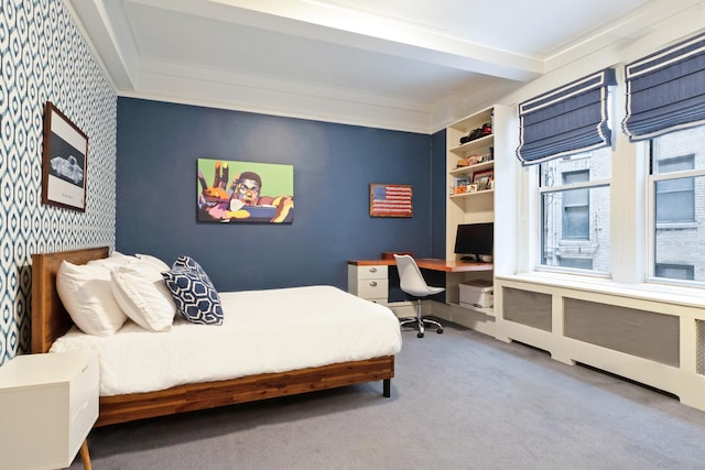 bedroom featuring radiator heating unit, carpet flooring, and crown molding