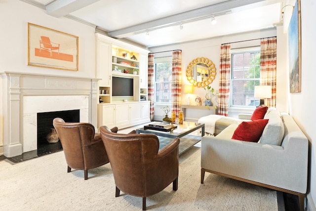 living room with light wood-type flooring, beam ceiling, track lighting, ornamental molding, and a premium fireplace