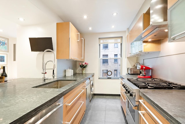 kitchen featuring wall chimney exhaust hood, stainless steel appliances, light brown cabinetry, and sink