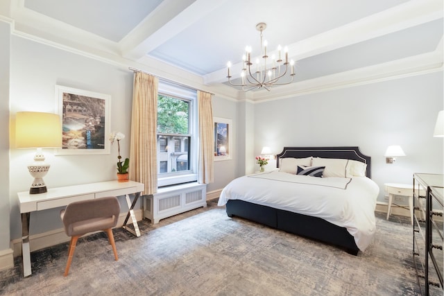 bedroom with an inviting chandelier, beamed ceiling, and crown molding