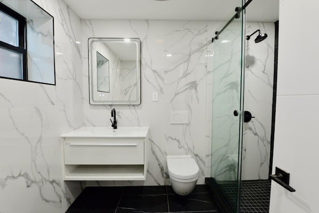 bathroom featuring vanity, toilet, and an enclosed shower