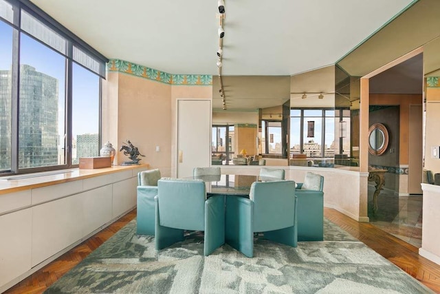 dining room featuring rail lighting, parquet floors, and a wealth of natural light