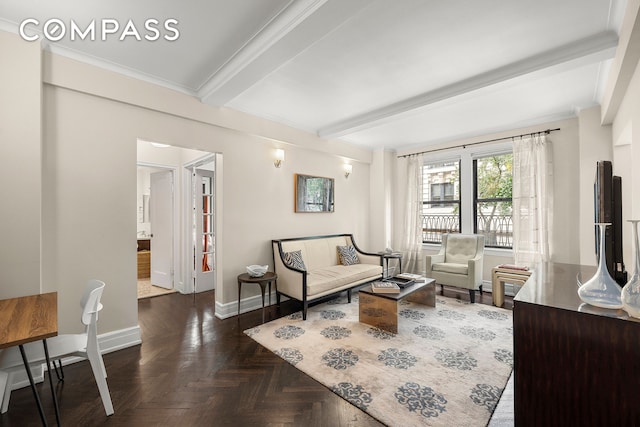 living room featuring beam ceiling, dark parquet floors, and ornamental molding