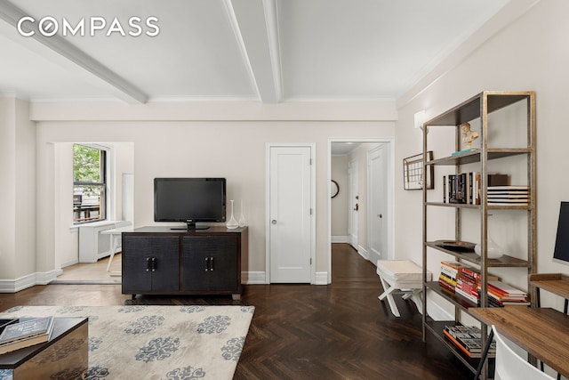 living room with beam ceiling, dark parquet flooring, and crown molding