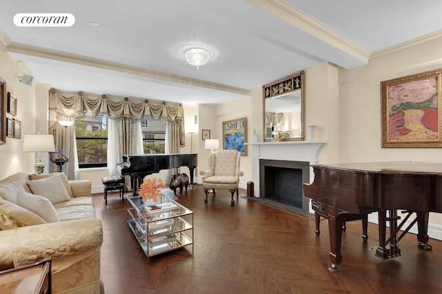 living room featuring dark parquet flooring, crown molding, and beamed ceiling