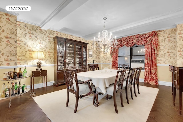 dining space with a chandelier, dark parquet flooring, and crown molding