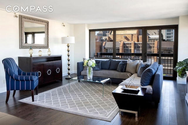 living room with dark wood-type flooring