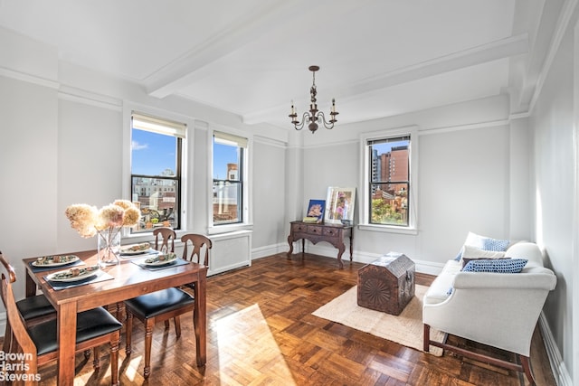 dining room featuring beamed ceiling, a notable chandelier, dark parquet floors, and a wealth of natural light