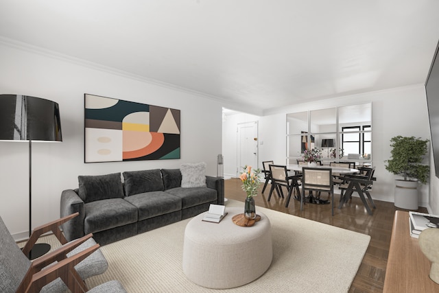 living room with ornamental molding and dark parquet flooring